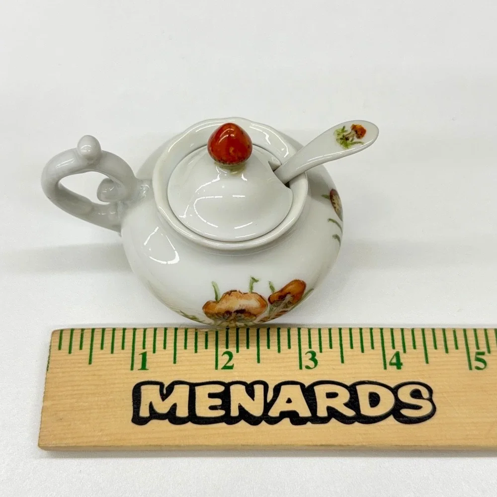 L Lancaster Hand Painted Mushroom Porcelain Jam Pot with Lid and‎ Spoon Vintage